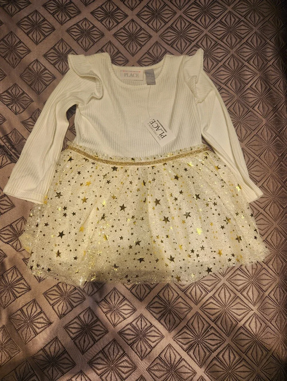 The Children's Place Cream Long-Sleeve Top with Gold Star Tulle Overlay